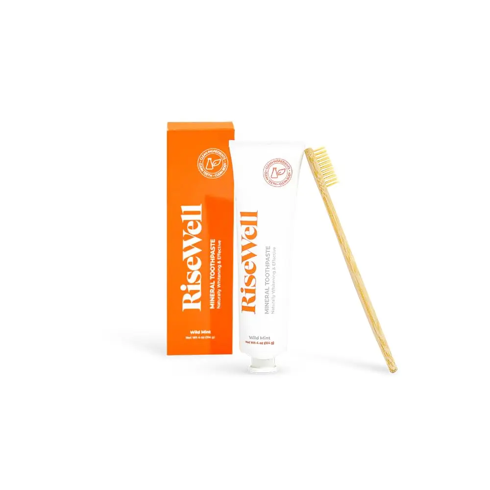 RiseWell mint flavored hydroxyapatite toothpaste provides natural teeth remineralization, enamel strengthening, and gentle whitening without fluoride or SLS.