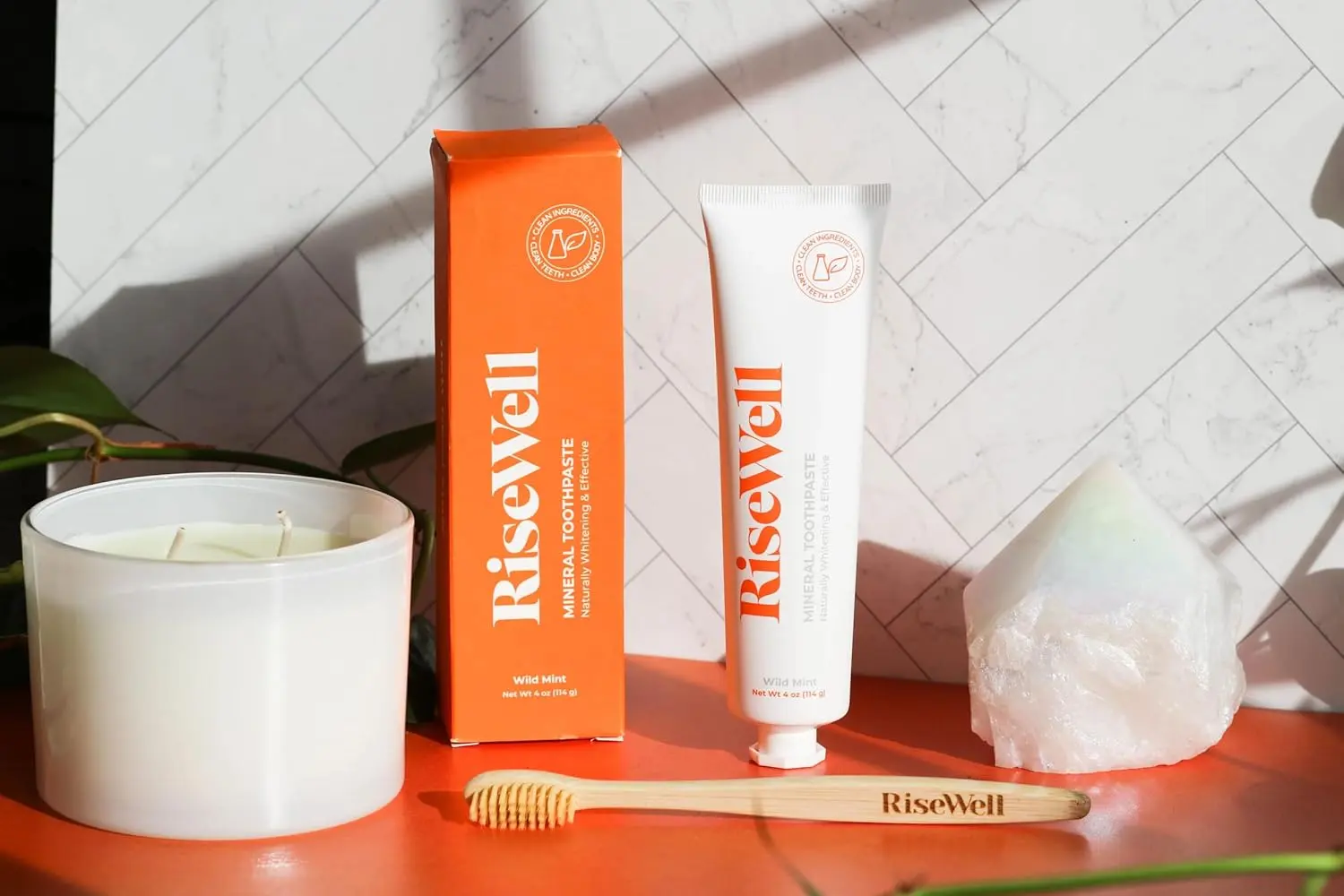 RiseWell mint flavored hydroxyapatite toothpaste provides natural teeth remineralization, enamel strengthening, and gentle whitening without fluoride or SLS.