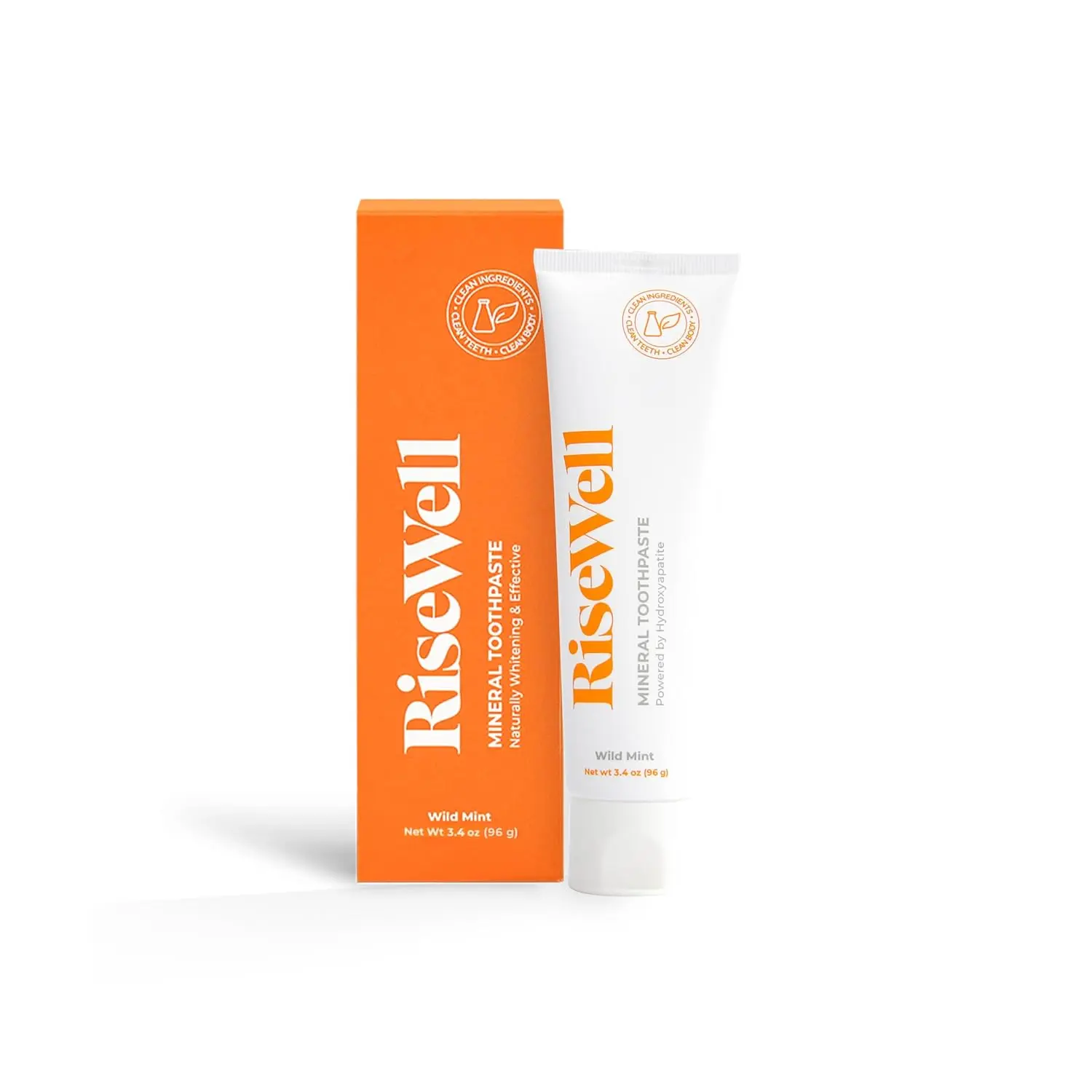 RiseWell mint flavored hydroxyapatite toothpaste provides natural teeth remineralization, enamel strengthening, and gentle whitening without fluoride or SLS.