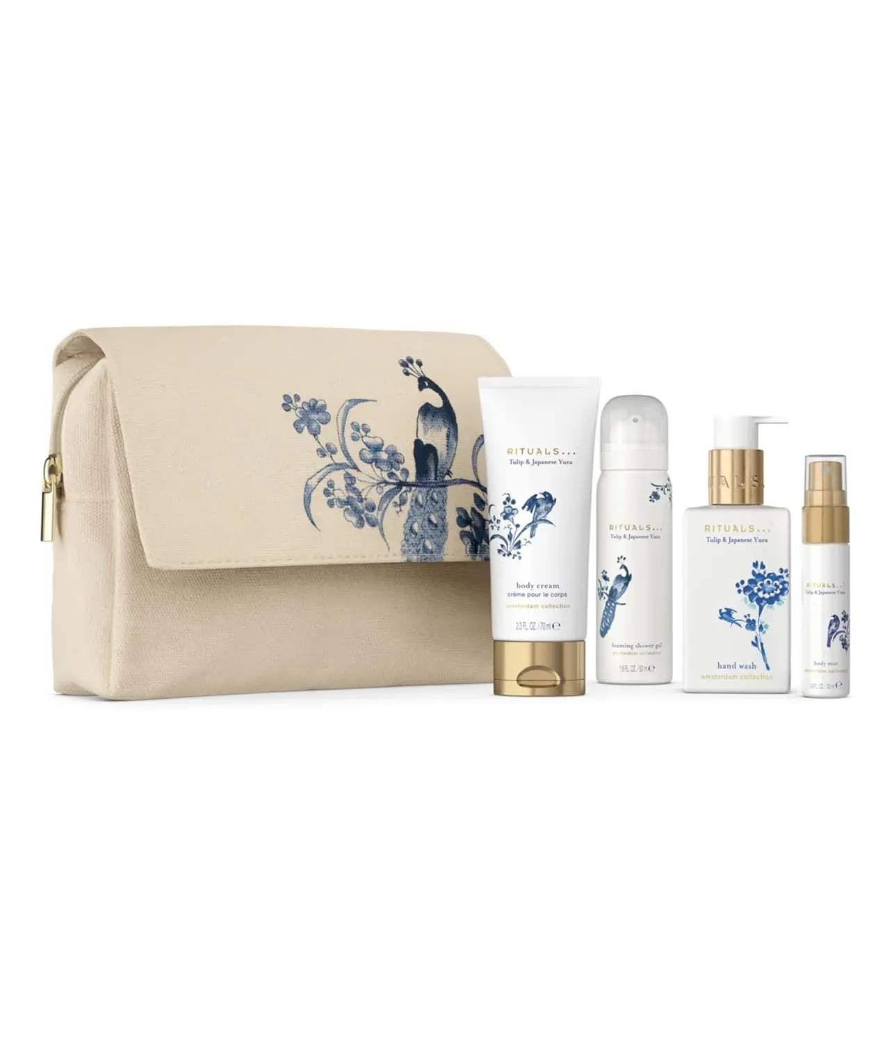 RITUALS Amsterdam Collection gift set pouch containing four body care products scented with Japanese yuzu and Dutch tulips, perfect as a gift for women.