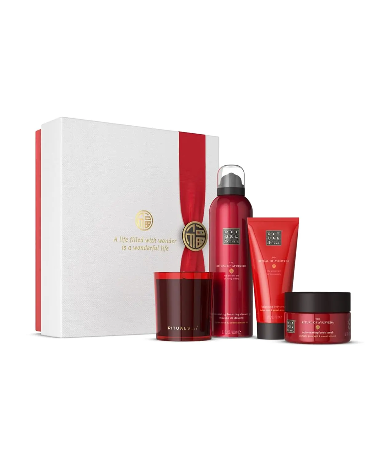 This RITUALS Ayurveda gift set includes four personal care products with a harmonizing fragrance of Indian rose and sweet almond oil for a soothing and balancing bath and body routine.