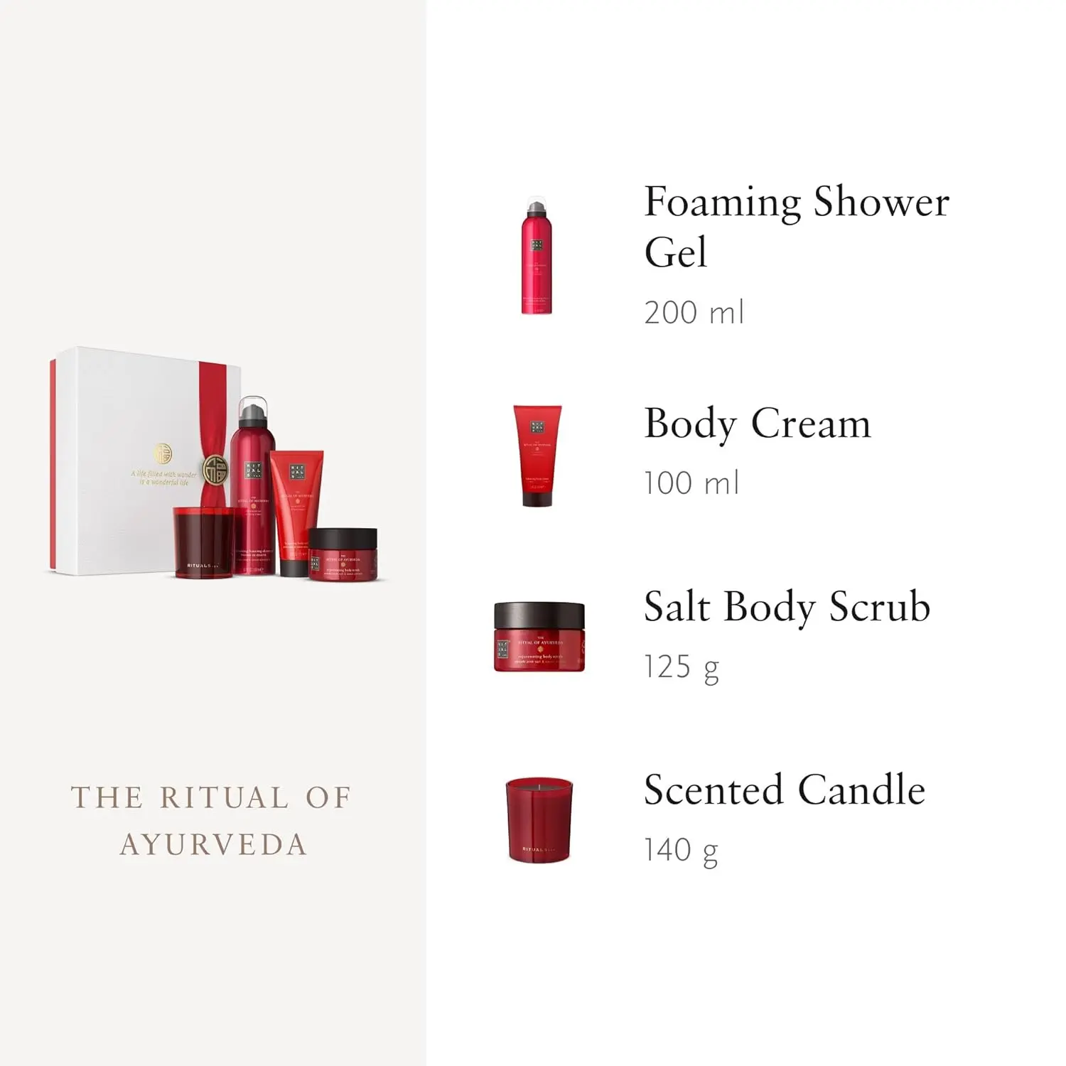 This RITUALS Ayurveda gift set includes four personal care products with a harmonizing fragrance of Indian rose and sweet almond oil for a soothing and balancing bath and body routine.