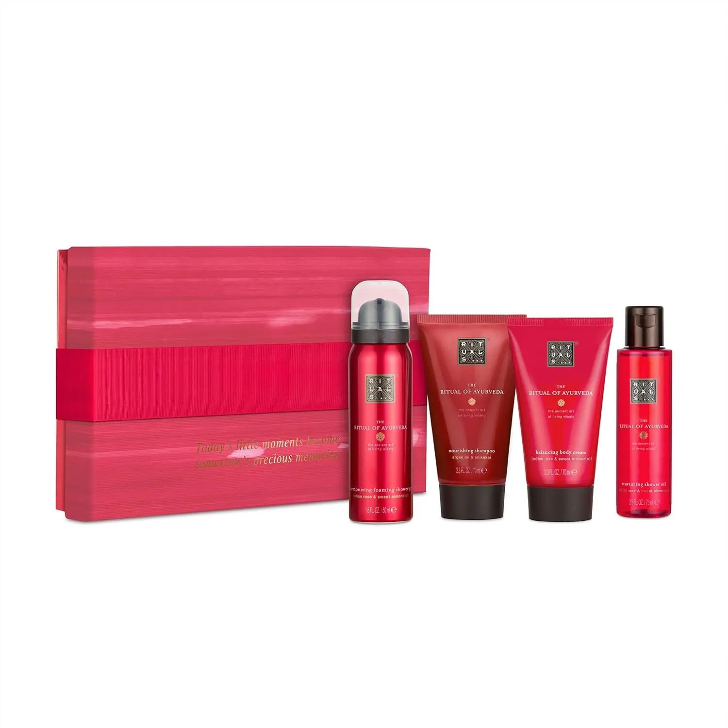 This RITUALS Ayurveda gift set for women includes shower foam, shampoo, body cream, and shower oil, enriched with soothing sweet almond oil and the sweet scent of Indian rose for balanced body, mind, and soul.