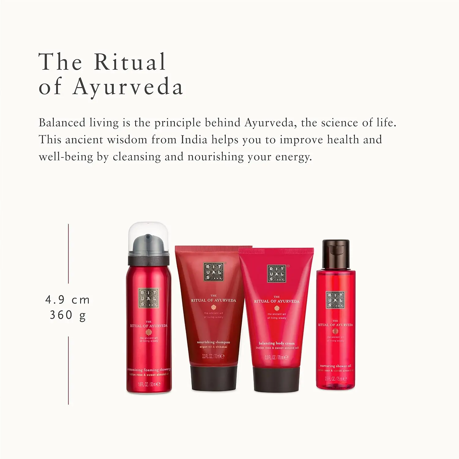 This RITUALS Ayurveda gift set for women includes shower foam, shampoo, body cream, and shower oil, enriched with soothing sweet almond oil and the sweet scent of Indian rose for balanced body, mind, and soul.