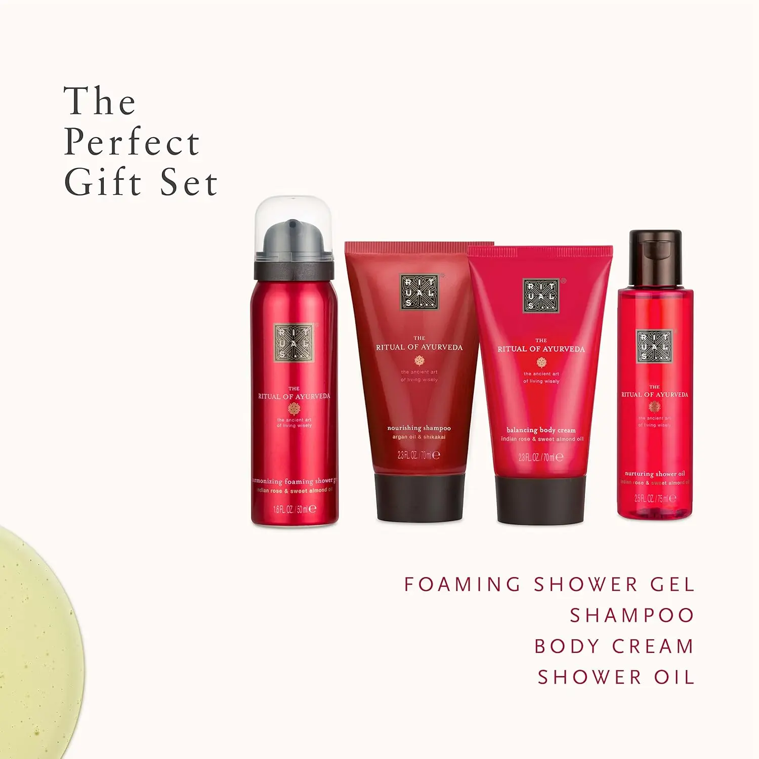 This RITUALS Ayurveda gift set for women includes shower foam, shampoo, body cream, and shower oil, enriched with soothing sweet almond oil and the sweet scent of Indian rose for balanced body, mind, and soul.