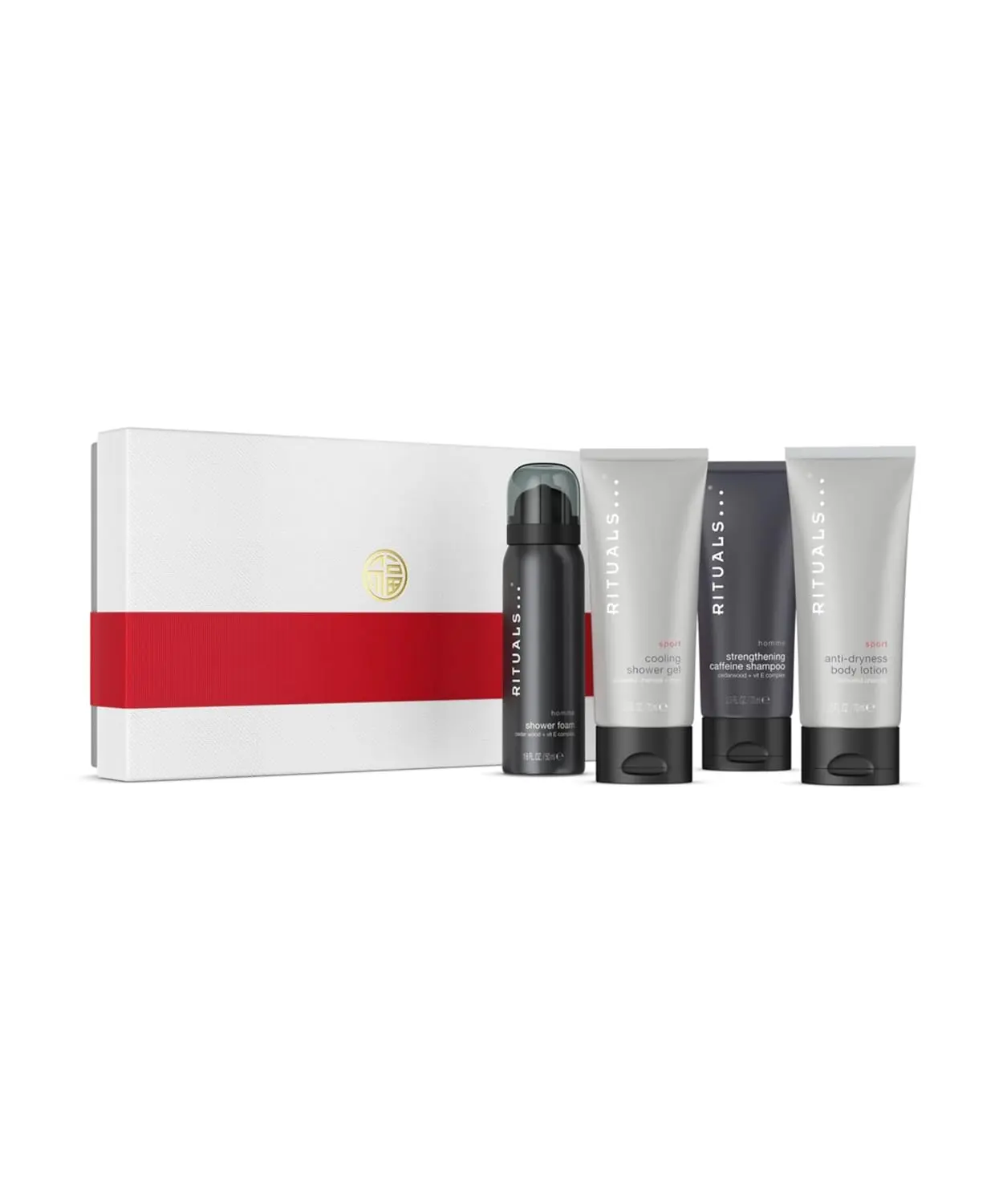 RITUALS Homme gift set featuring shower foam, shampoo, shower gel, and body cream formulated with bamboo, mint and cedar wood for invigorating men's skin care.