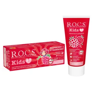 R.O.C.S. Kids Summer Swirls toothpaste with raspberry and strawberry flavor, containing sodium fluoride for enamel protection and suitable for children with allergies.