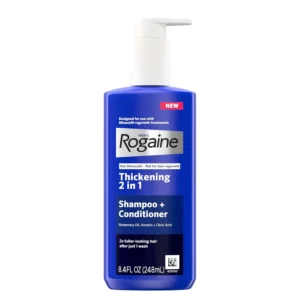 Rogaine Men's Thickening 2 in 1 Shampoo and Conditioner with rosemary oil, keratin, and citric acid for visibly thicker and stronger hair.