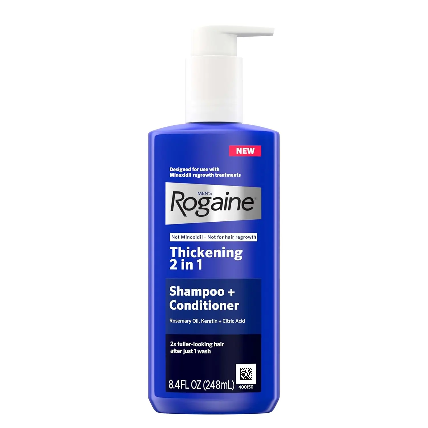 Rogaine Men's Thickening 2 in 1 Shampoo and Conditioner with rosemary oil, keratin, and citric acid for visibly thicker and stronger hair.