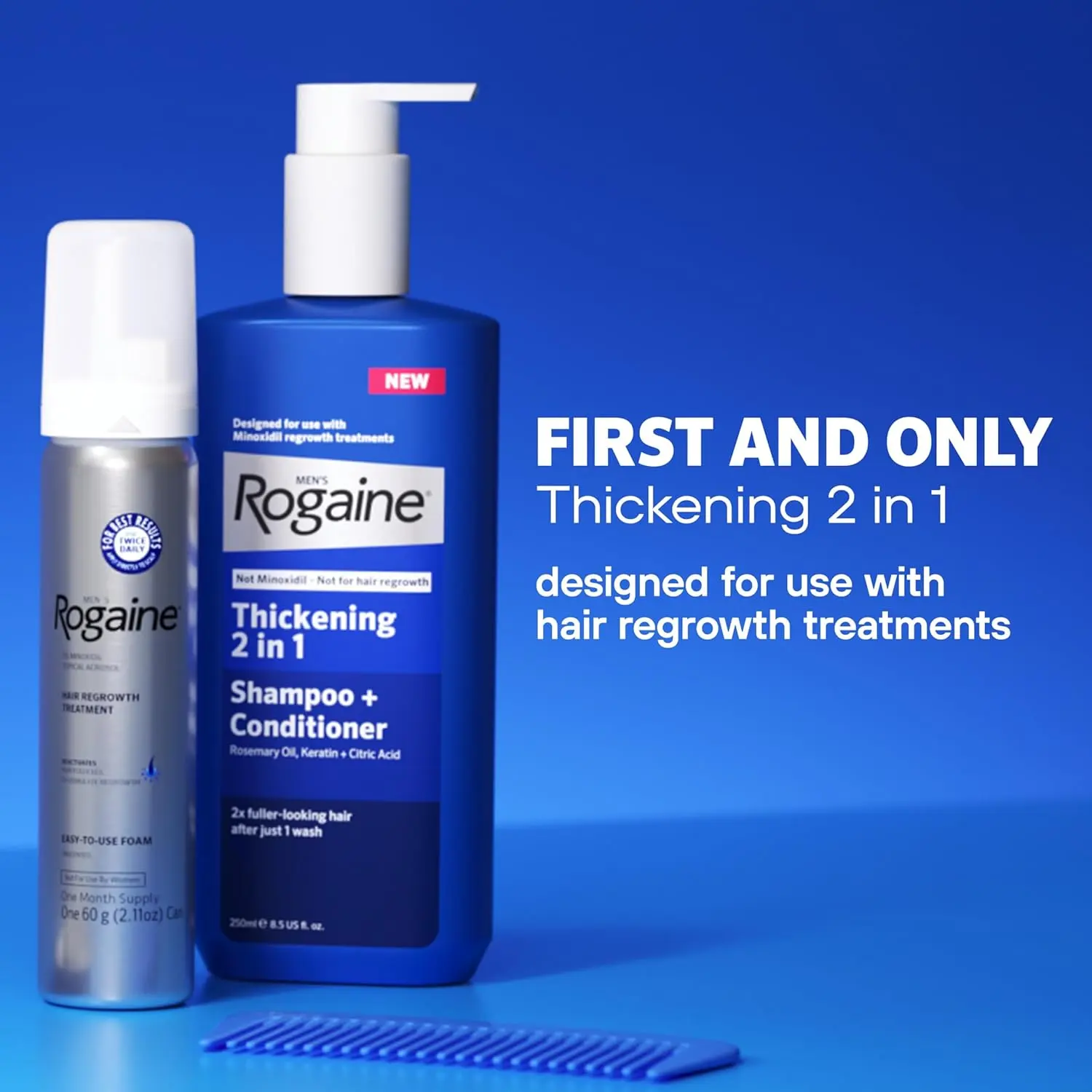 Rogaine Men's Thickening 2 in 1 Shampoo and Conditioner with rosemary oil, keratin, and citric acid for visibly thicker and stronger hair.