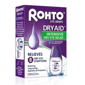 Rohto Dry Aid eye drops provide intensive relief for dry eye symptoms like burning, stinging, and grittiness, hydrating and protecting the tear film for up to 12 hours.