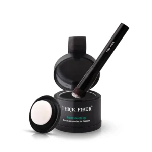 THICK FIBER root touch up powder in black, with included brush and mirror, instantly conceals thinning hairlines and covers gray roots for fuller, more vibrant hair.