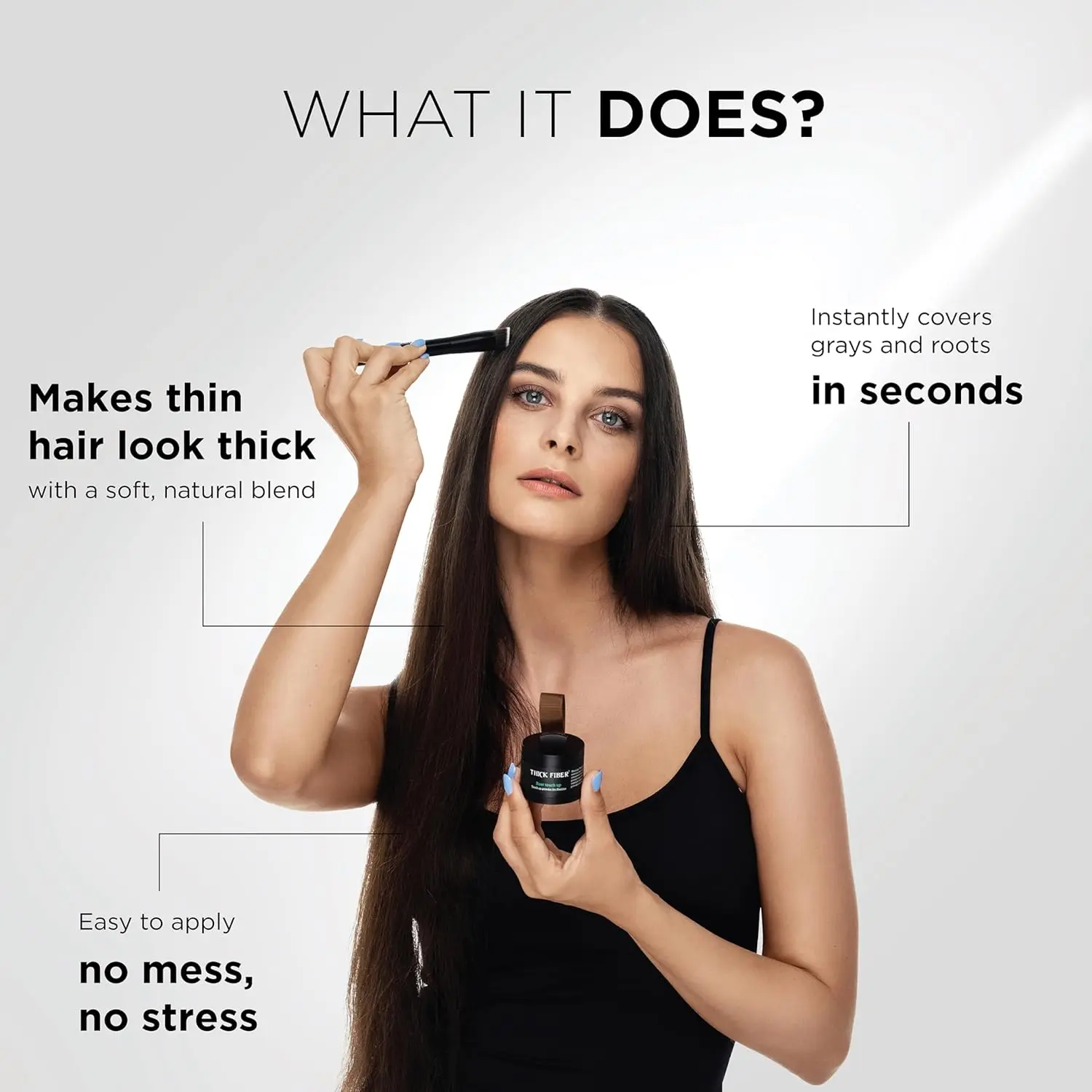 THICK FIBER root touch up powder in black, with included brush and mirror, instantly conceals thinning hairlines and covers gray roots for fuller, more vibrant hair.