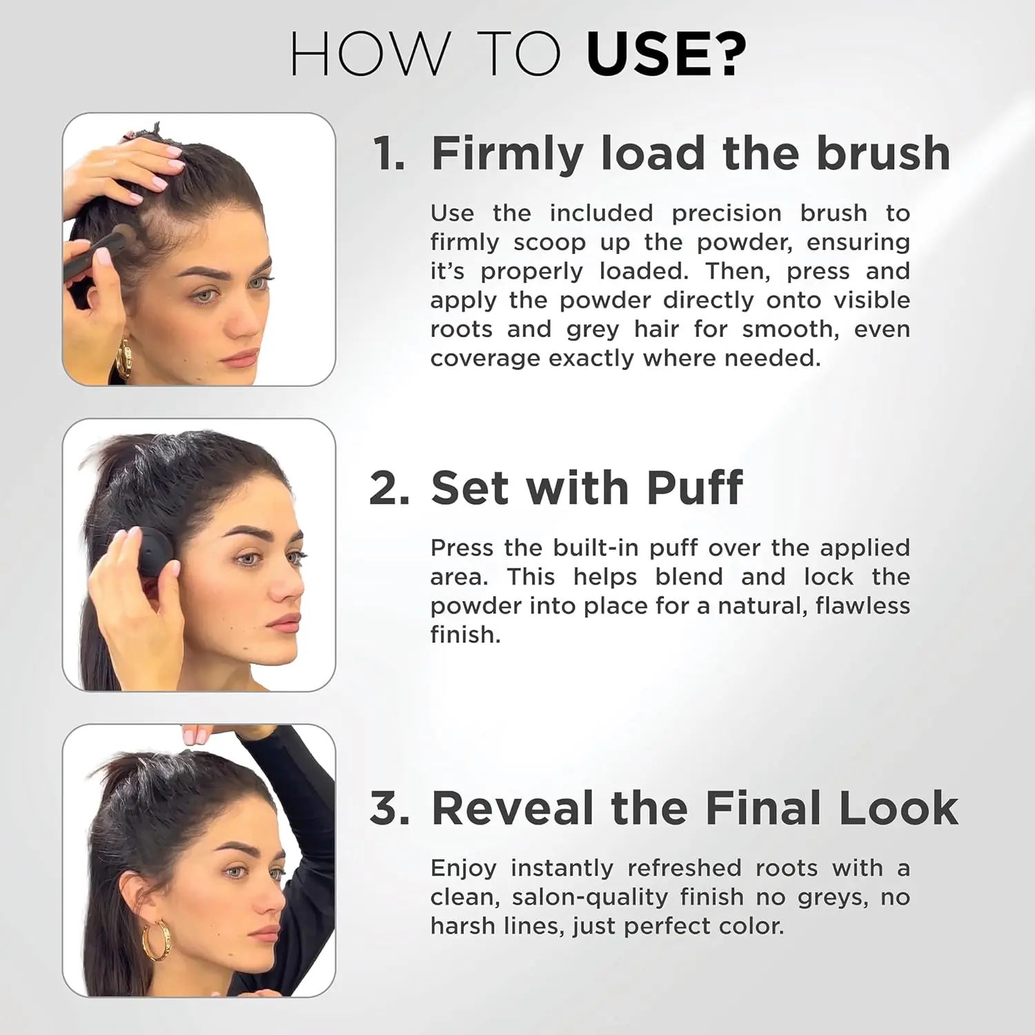 THICK FIBER root touch up powder in black, with included brush and mirror, instantly conceals thinning hairlines and covers gray roots for fuller, more vibrant hair.