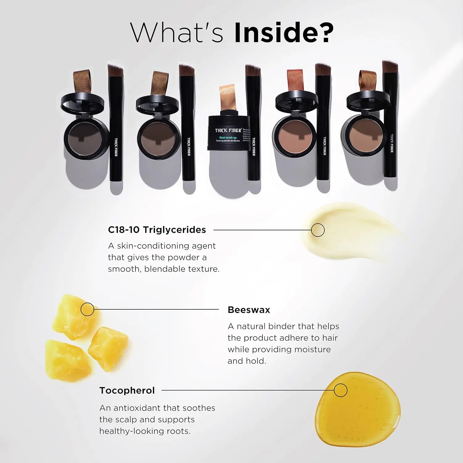 THICK FIBER root touch up powder in black, with included brush and mirror, instantly conceals thinning hairlines and covers gray roots for fuller, more vibrant hair.