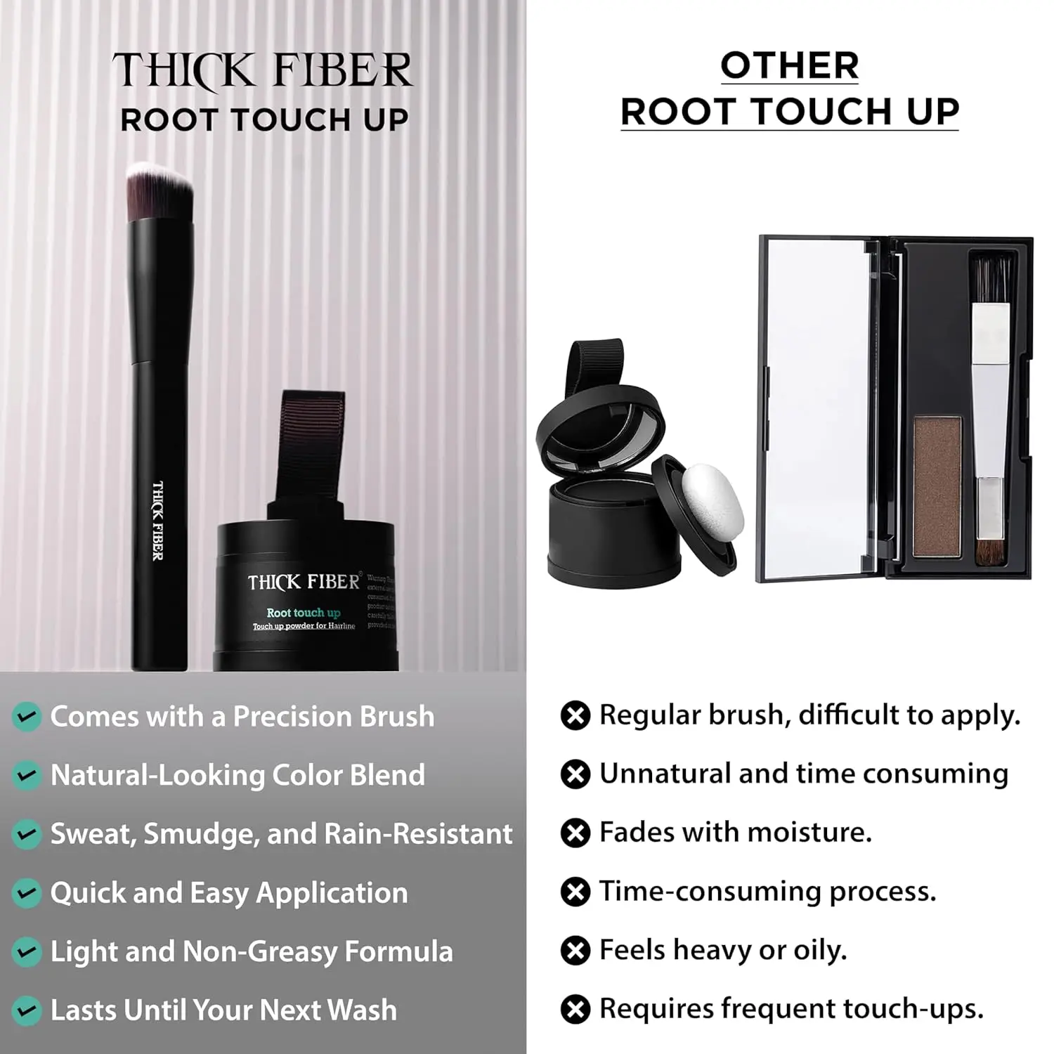 THICK FIBER root touch up powder in black, with included brush and mirror, instantly conceals thinning hairlines and covers gray roots for fuller, more vibrant hair.