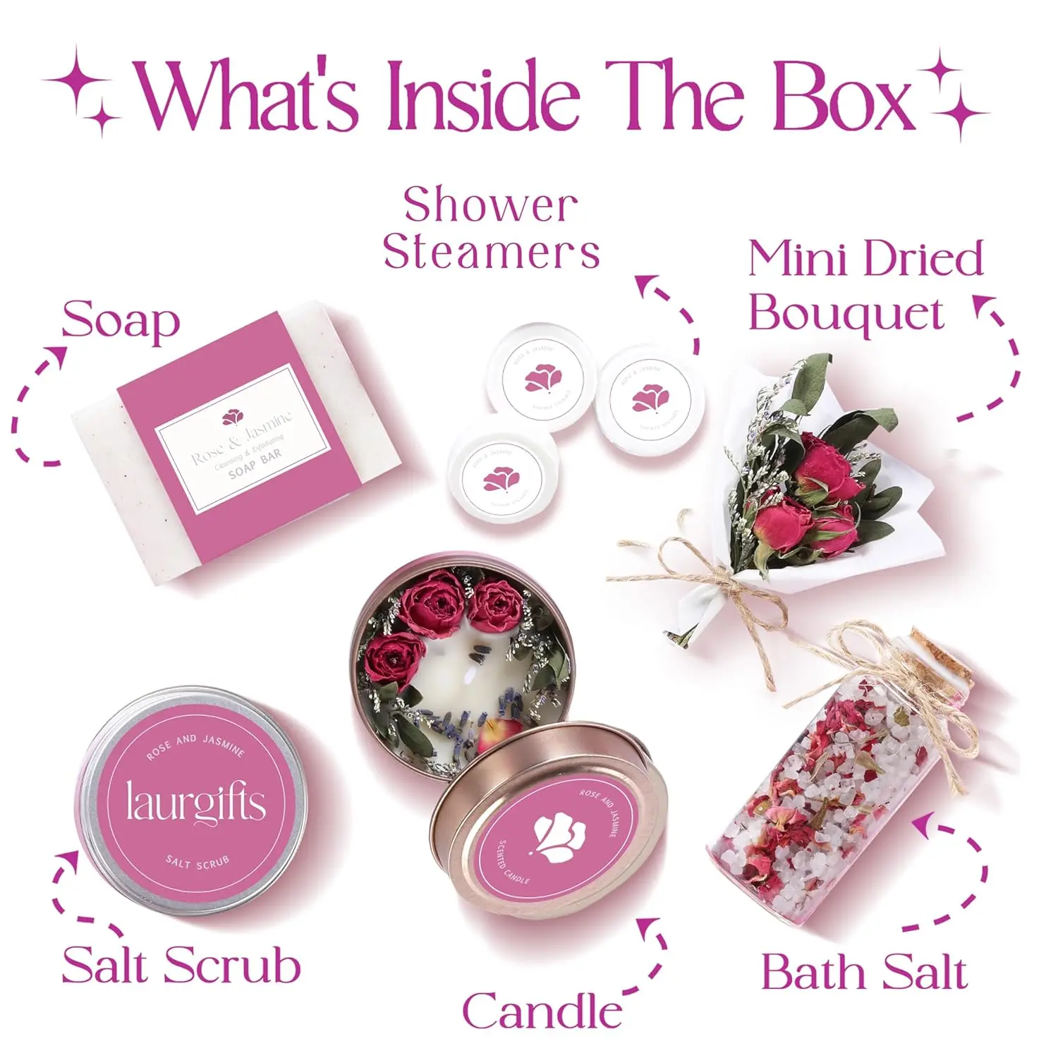 This small rose and jasmine spa gift box is perfect for birthdays, Mother's Day, or Teacher Appreciation, containing a candle, shower steamers, soap, bath salts, salt scrub, and dried flowers for a romantic and relaxing at-home spa experience.