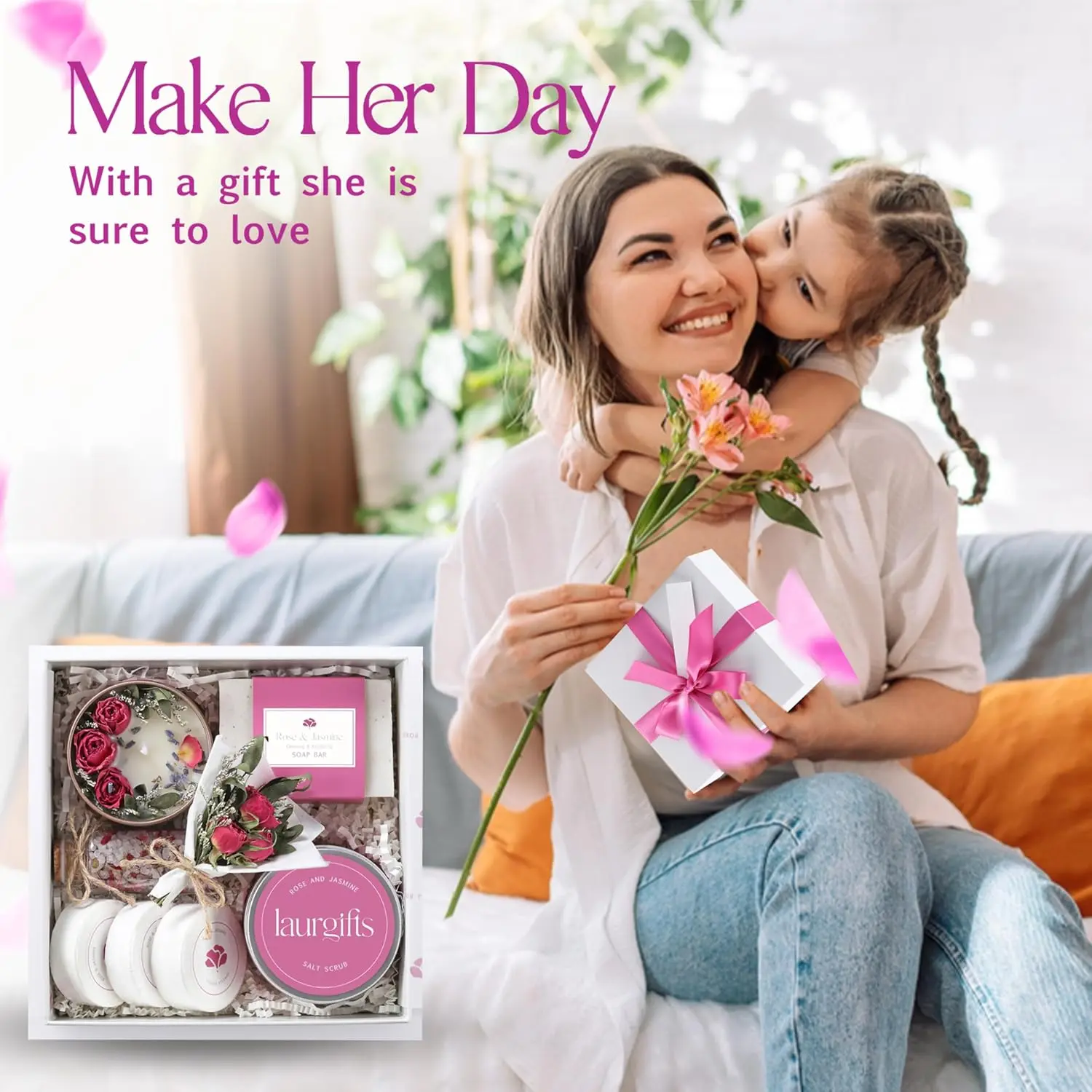 This small rose and jasmine spa gift box is perfect for birthdays, Mother's Day, or Teacher Appreciation, containing a candle, shower steamers, soap, bath salts, salt scrub, and dried flowers for a romantic and relaxing at-home spa experience.
