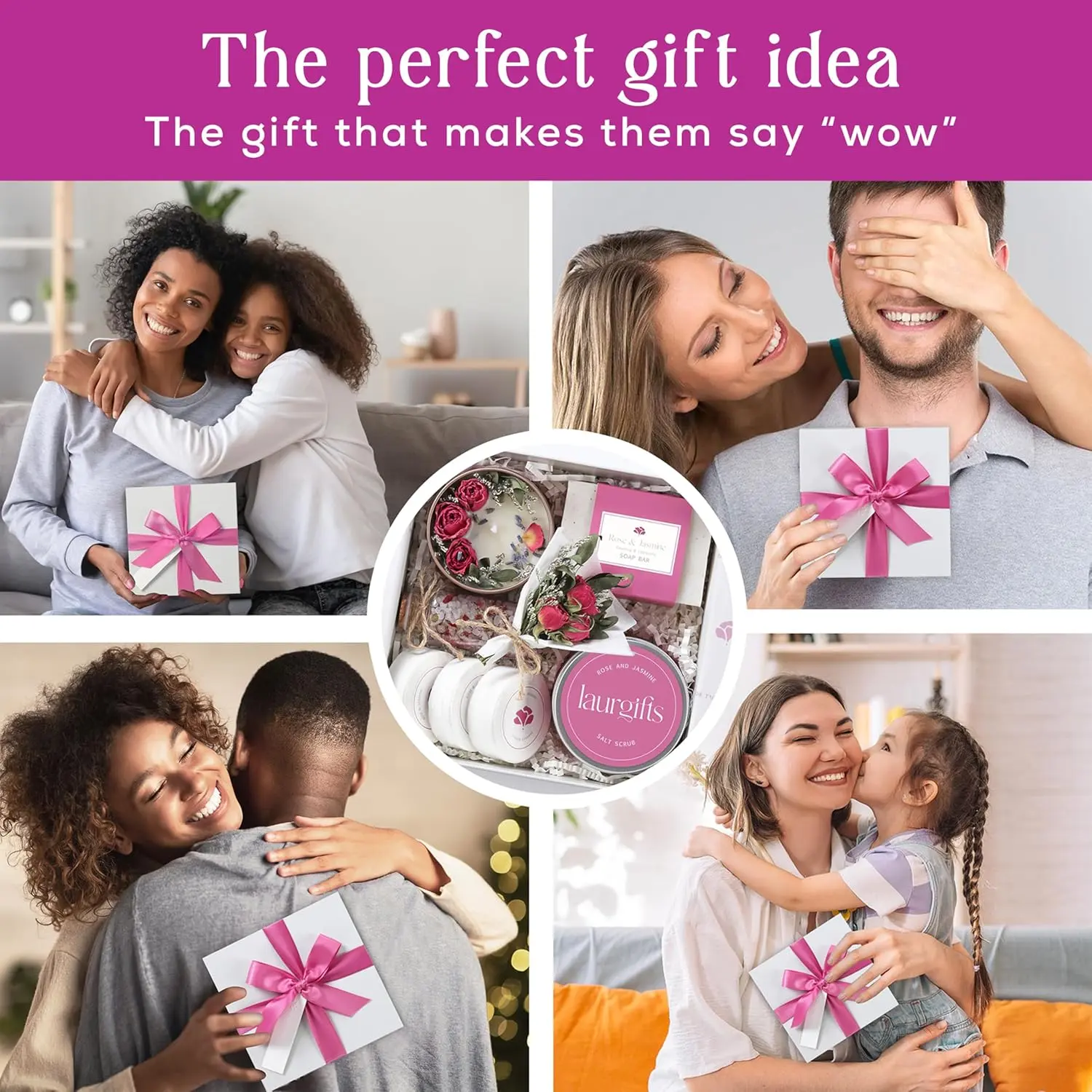 This small rose and jasmine spa gift box is perfect for birthdays, Mother's Day, or Teacher Appreciation, containing a candle, shower steamers, soap, bath salts, salt scrub, and dried flowers for a romantic and relaxing at-home spa experience.