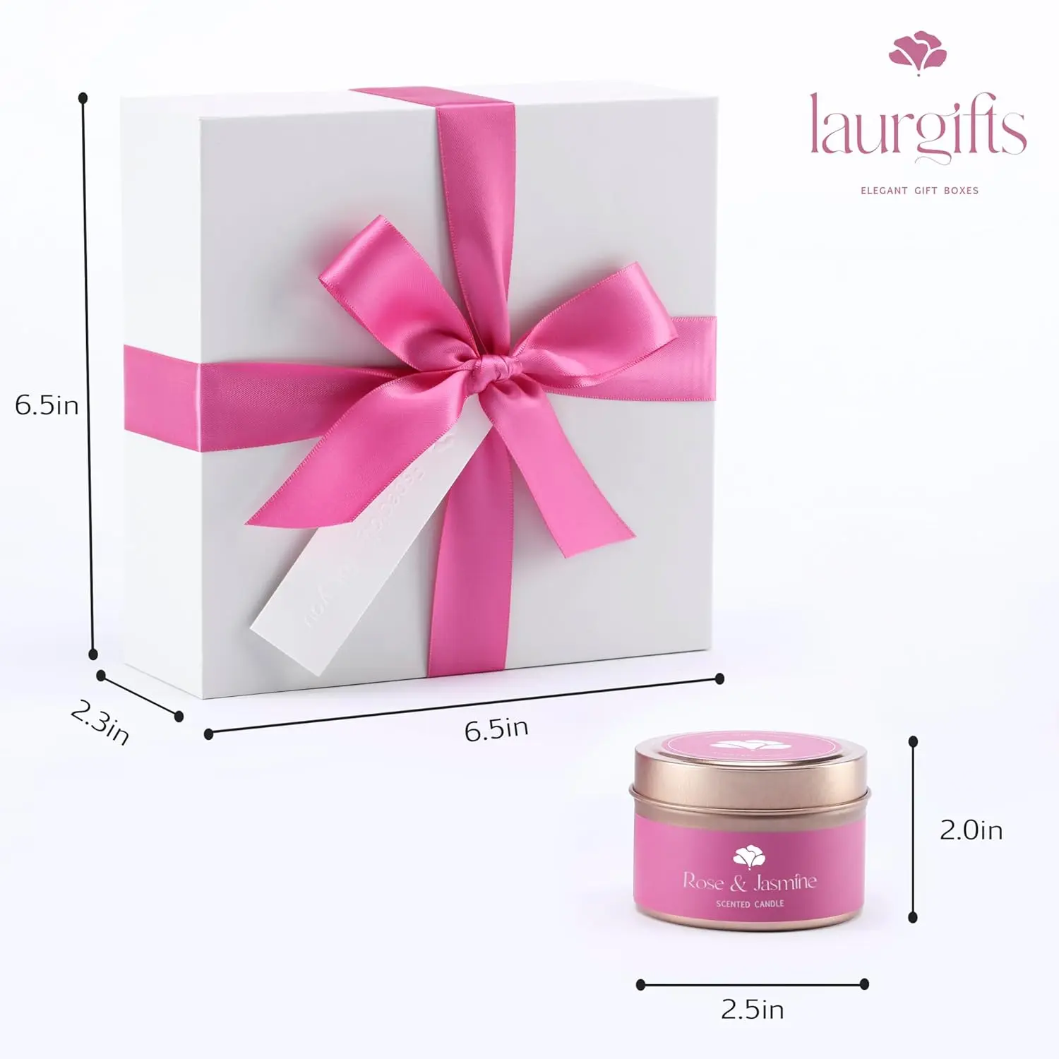 This small rose and jasmine spa gift box is perfect for birthdays, Mother's Day, or Teacher Appreciation, containing a candle, shower steamers, soap, bath salts, salt scrub, and dried flowers for a romantic and relaxing at-home spa experience.