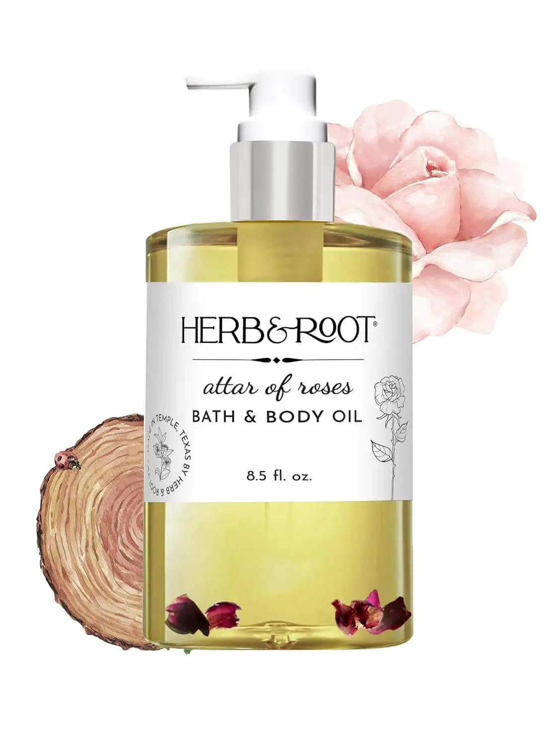 Herb & Root rose and sandalwood bath oil is a multi-use moisturizer crafted with almond, rice bran, and grapeseed oil.