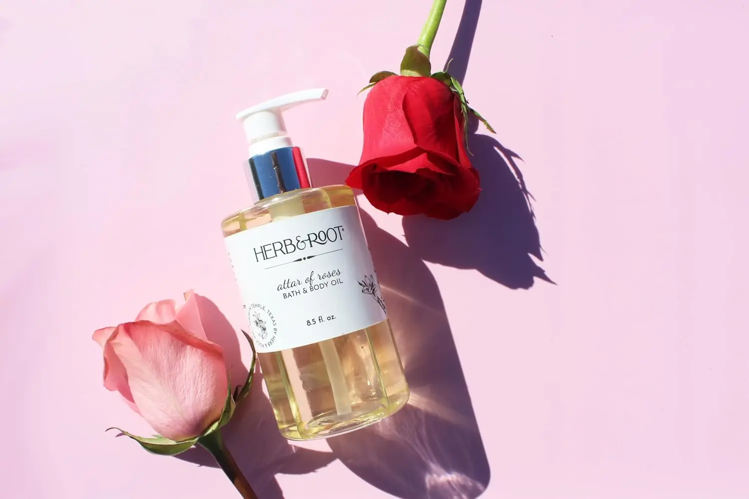 Herb & Root rose and sandalwood bath oil is a multi-use moisturizer crafted with almond, rice bran, and grapeseed oil.