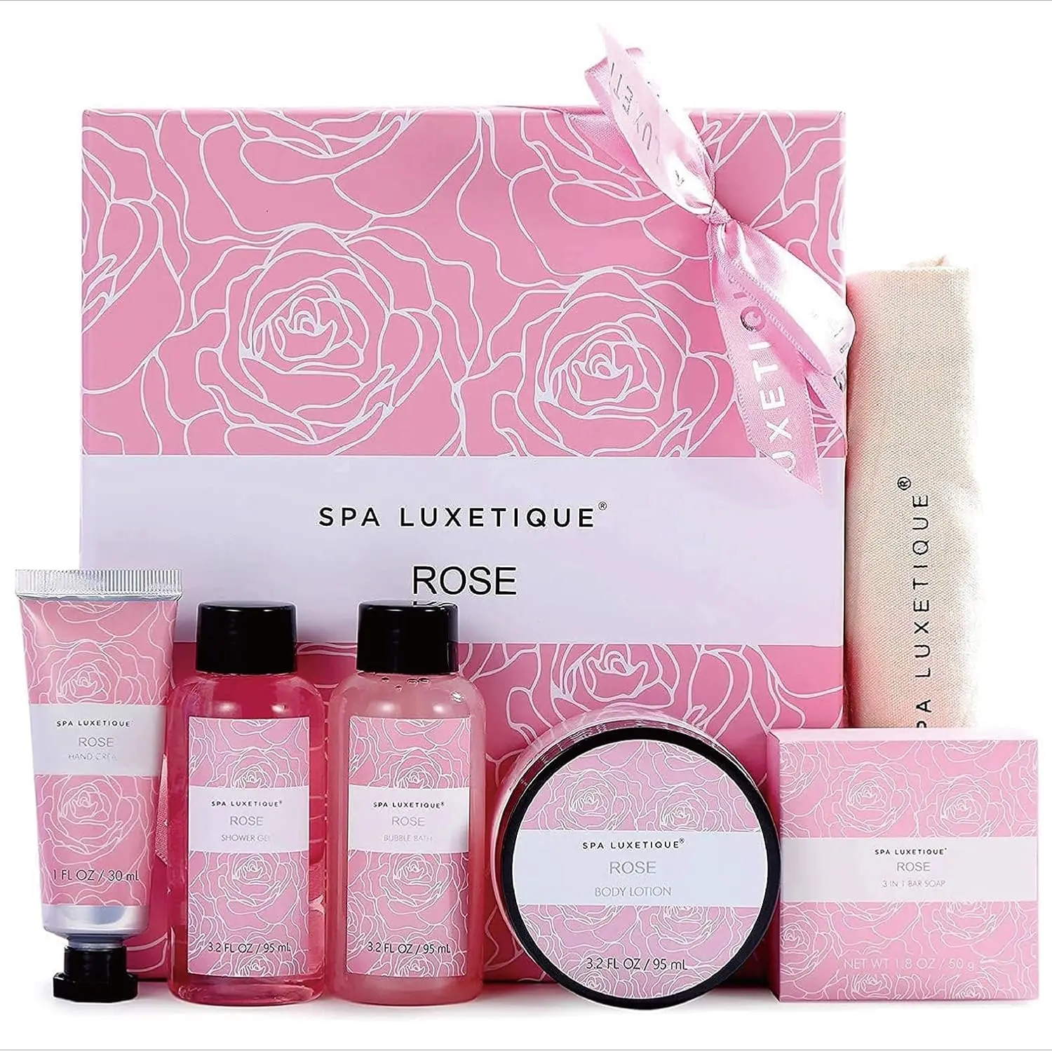 This rose travel spa kit for women features six rose-scented bath and body products, including lotion, shower gel, bubble bath and soaps, all packaged in a reusable burlap travel bag, perfect for a nourishing, on-the-go self-care experience.