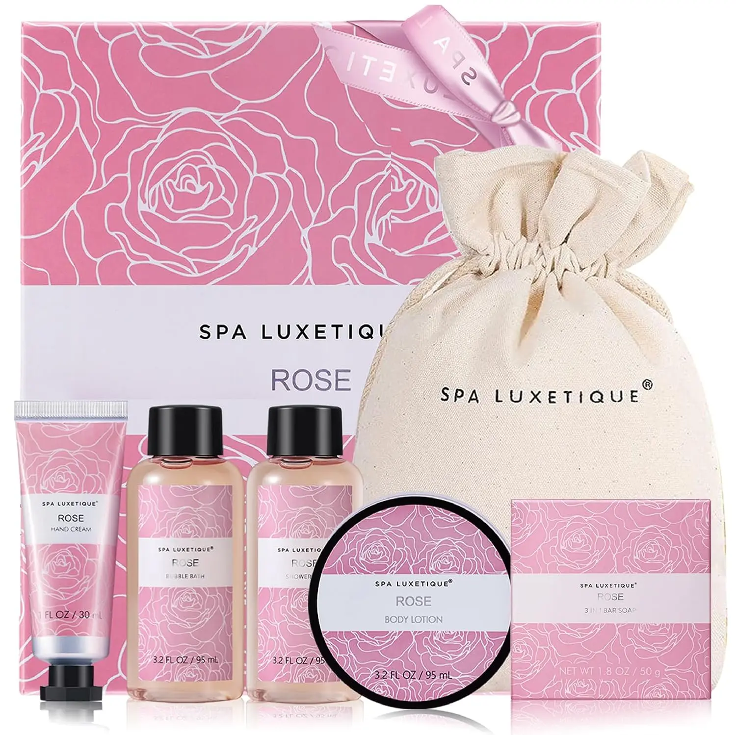 This rose travel spa kit for women features six rose-scented bath and body products, including lotion, shower gel, bubble bath and soaps, all packaged in a reusable burlap travel bag, perfect for a nourishing, on-the-go self-care experience.