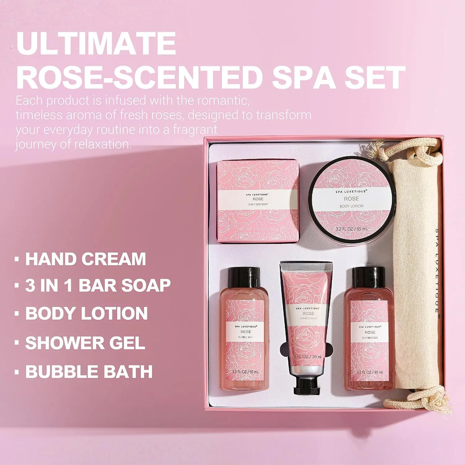 This rose travel spa kit for women features six rose-scented bath and body products, including lotion, shower gel, bubble bath and soaps, all packaged in a reusable burlap travel bag, perfect for a nourishing, on-the-go self-care experience.