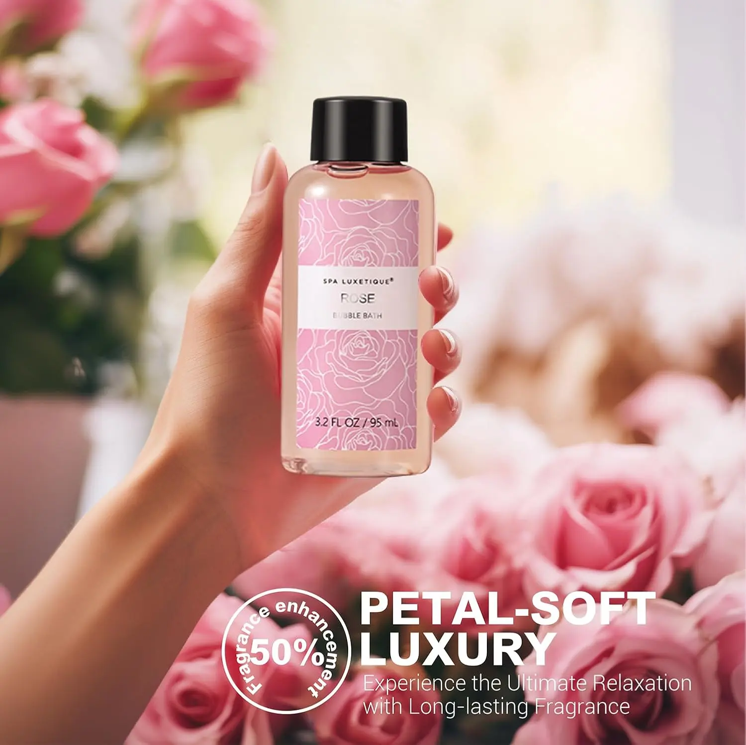 This rose travel spa kit for women features six rose-scented bath and body products, including lotion, shower gel, bubble bath and soaps, all packaged in a reusable burlap travel bag, perfect for a nourishing, on-the-go self-care experience.