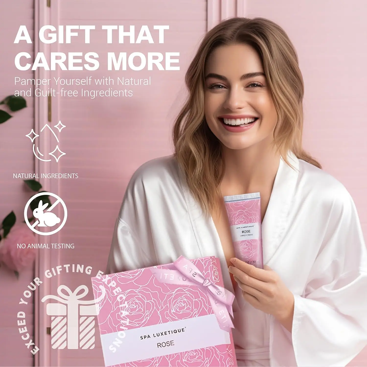 This rose travel spa kit for women features six rose-scented bath and body products, including lotion, shower gel, bubble bath and soaps, all packaged in a reusable burlap travel bag, perfect for a nourishing, on-the-go self-care experience.