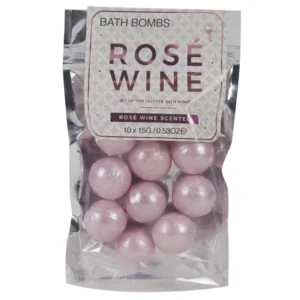 Ten glittery pink rosé wine scented bath bombs, ready to quickly dissolve in your bath water.