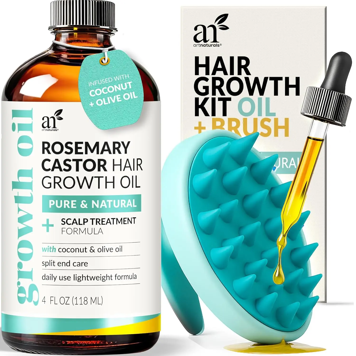 Artnaturals rosemary castor hair oil with coconut and olive oil promotes hair growth, strengthens hair, and moisturizes the scalp for healthier, shinier hair.