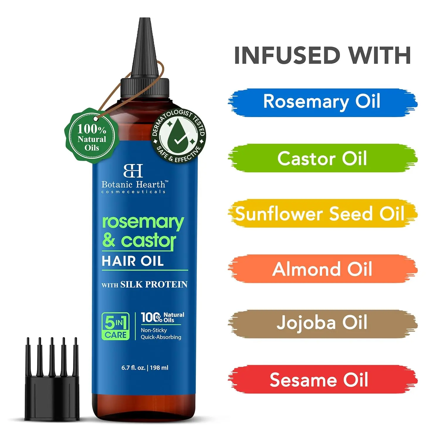 Botanic Hearth rosemary castor hair oil promotes hair growth, boosts thickness, and nourishes the scalp for healthier, stronger hair.