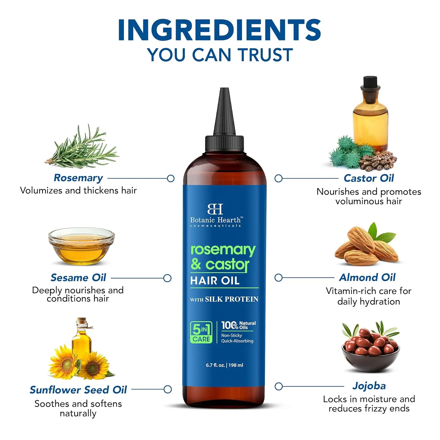 Botanic Hearth rosemary castor hair oil promotes hair growth, boosts thickness, and nourishes the scalp for healthier, stronger hair.