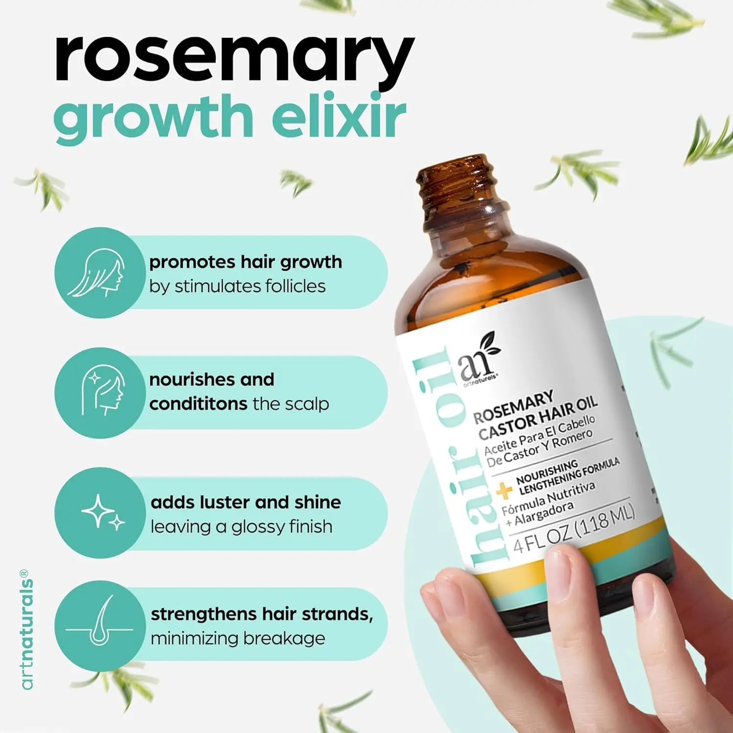 Artnaturals rosemary castor hair oil with coconut and olive oil promotes hair growth, strengthens hair, and moisturizes the scalp for healthier, shinier hair.