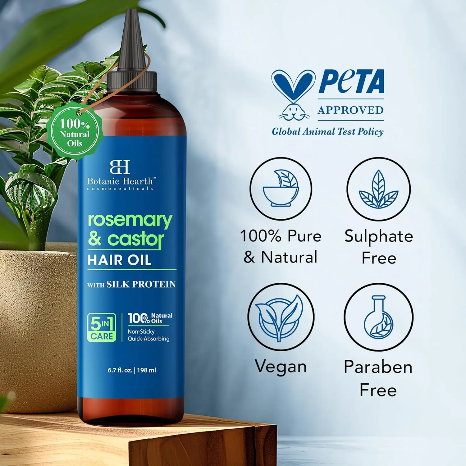 Botanic Hearth rosemary castor hair oil promotes hair growth, boosts thickness, and nourishes the scalp for healthier, stronger hair.