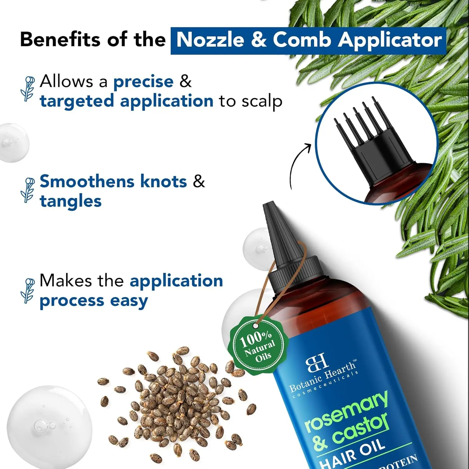 Botanic Hearth rosemary castor hair oil promotes hair growth, boosts thickness, and nourishes the scalp for healthier, stronger hair.