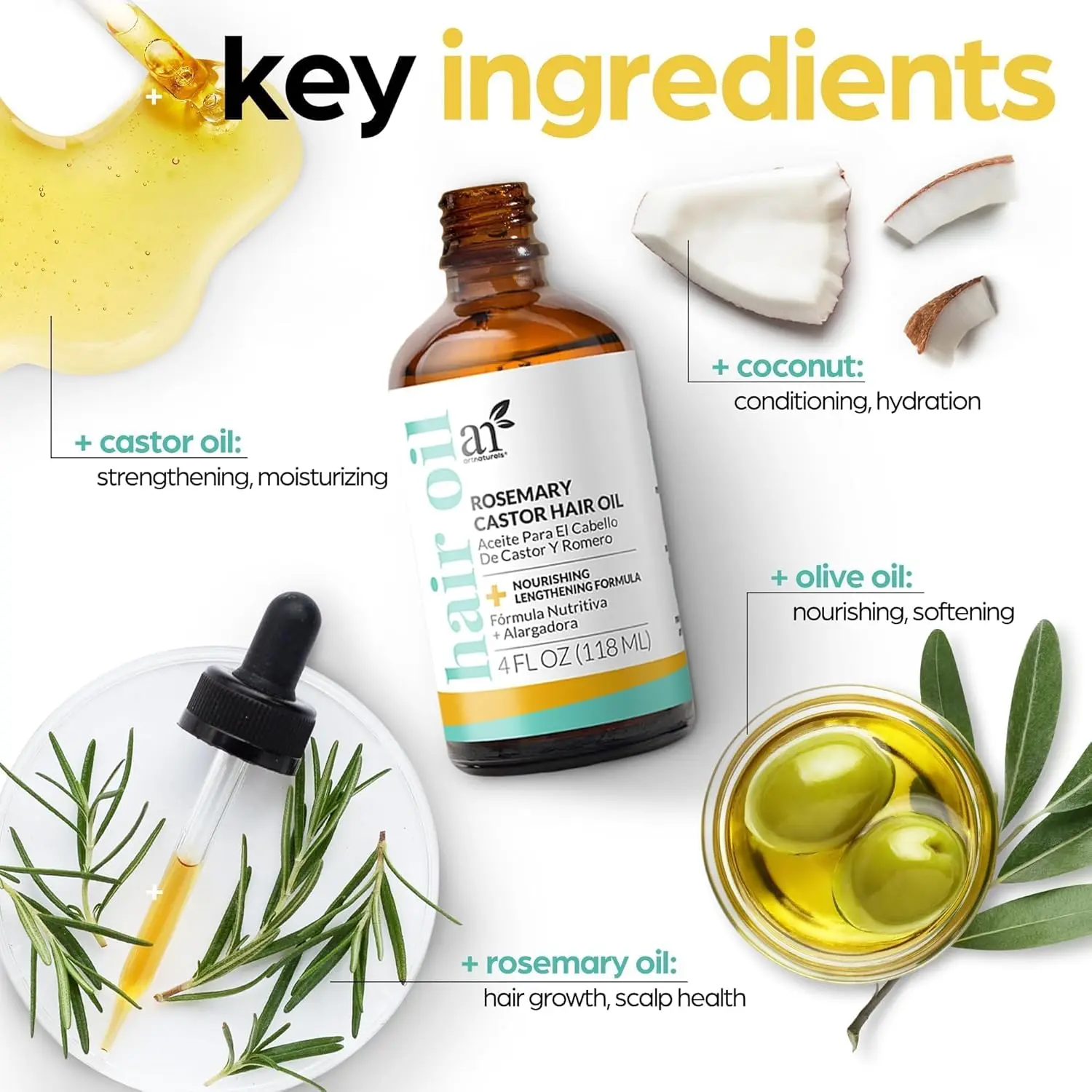 Artnaturals rosemary castor hair oil with coconut and olive oil promotes hair growth, strengthens hair, and moisturizes the scalp for healthier, shinier hair.