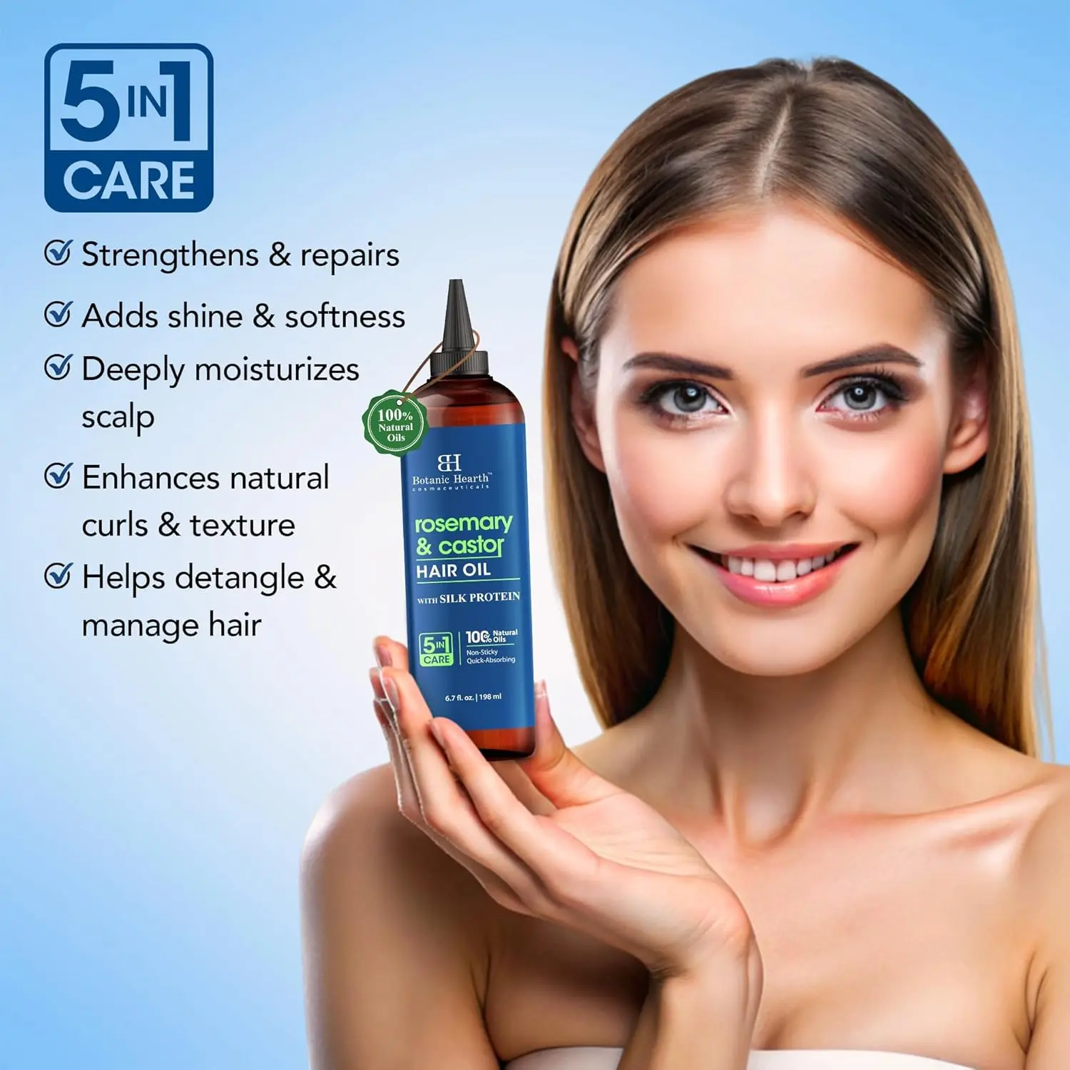 Botanic Hearth rosemary castor hair oil promotes hair growth, boosts thickness, and nourishes the scalp for healthier, stronger hair.