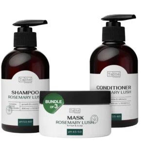 Tashe rosemary hair care set including shampoo, conditioner, and deep repair hair mask, designed to strengthen hair and boost shine.