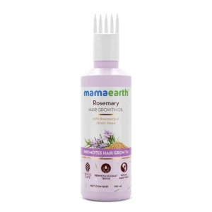 Mamaearth rosemary hair oil nourishes the scalp with methi dana and curry leaves to promote hair growth, reduce hair fall, and improve overall hair health for all hair types.