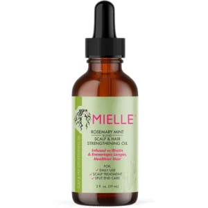 Mielle Organics rosemary mint hair growth oil infused with biotin and essential oils to stimulate hair follicles, promote hair growth, and hydrate the scalp, in a 2 fl oz bottle.