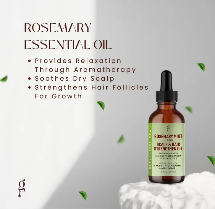 Nourishing rosemary mint hair oil infused with biotin to strengthen hair, soothe dry scalp, and smooth split ends for healthy, radiant hair.