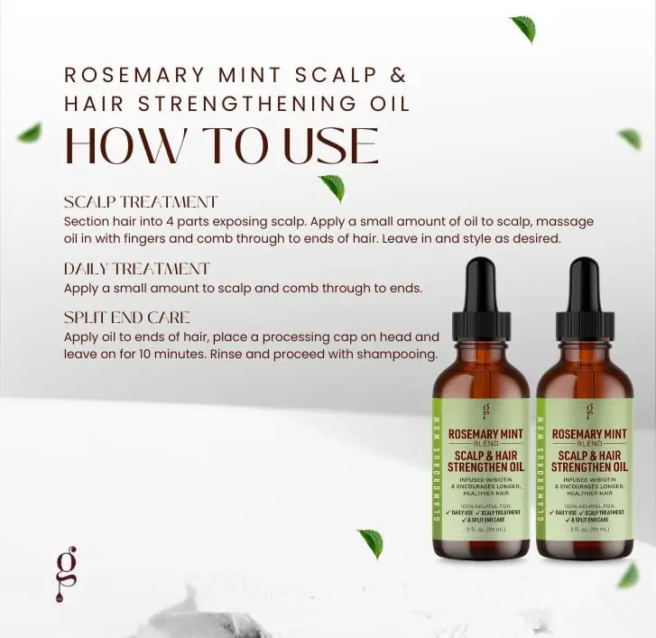 Nourishing rosemary mint hair oil infused with biotin to strengthen hair, soothe dry scalp, and smooth split ends for healthy, radiant hair.