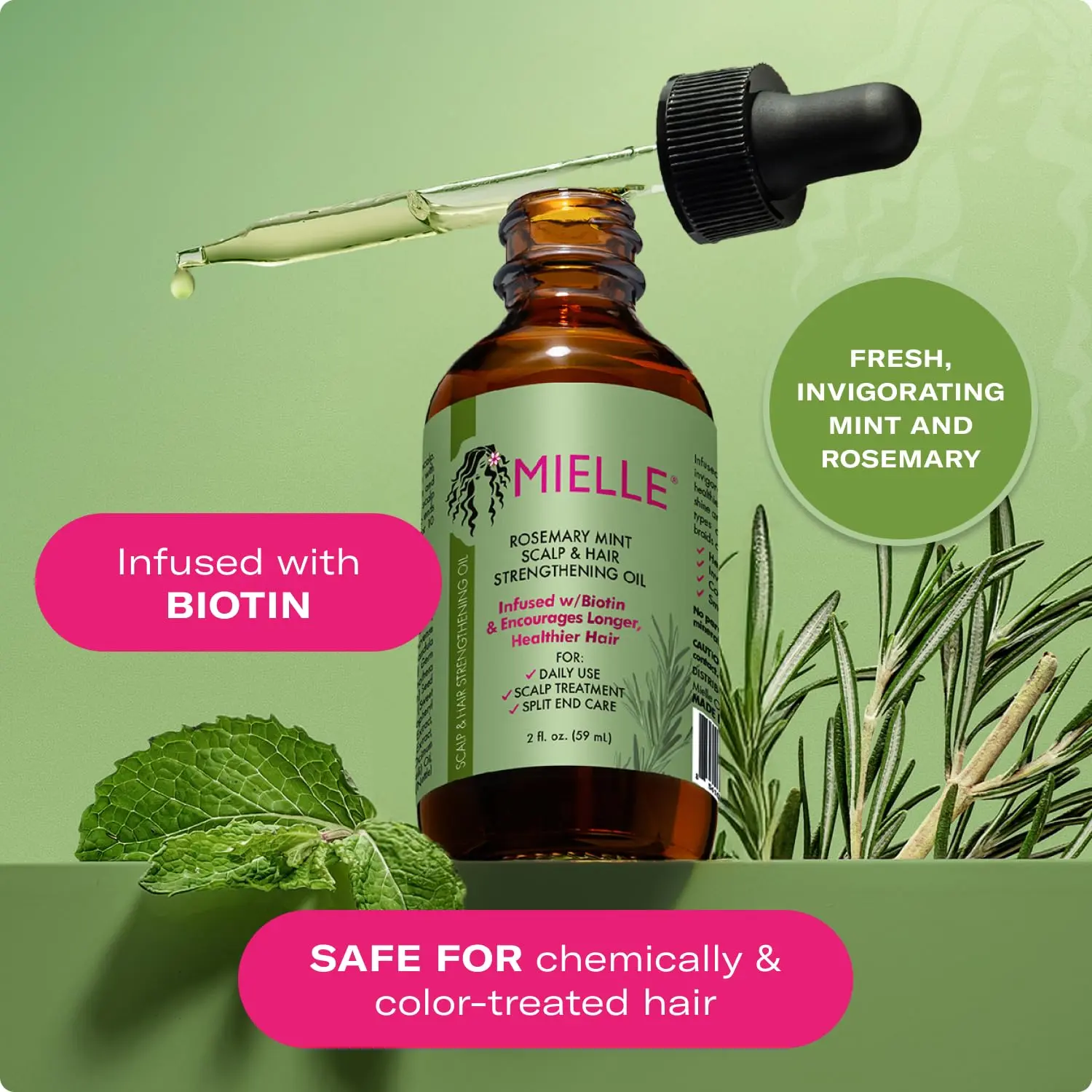 Mielle Rosemary Mint hair oil infused with biotin to nourish and strengthen hair and encourage growth.