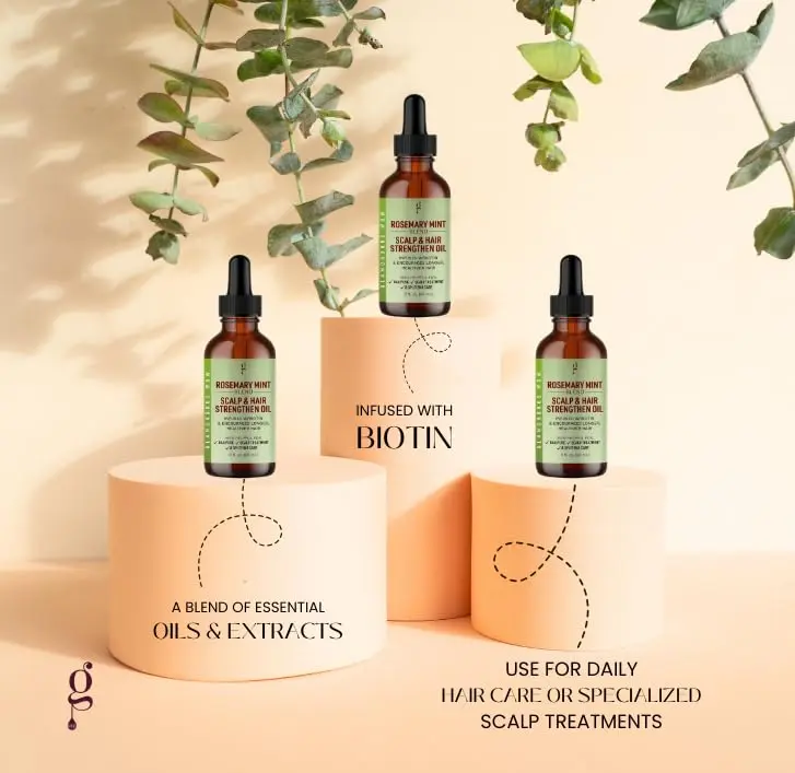Nourishing rosemary mint hair oil infused with biotin to strengthen hair, soothe dry scalp, and smooth split ends for healthy, radiant hair.