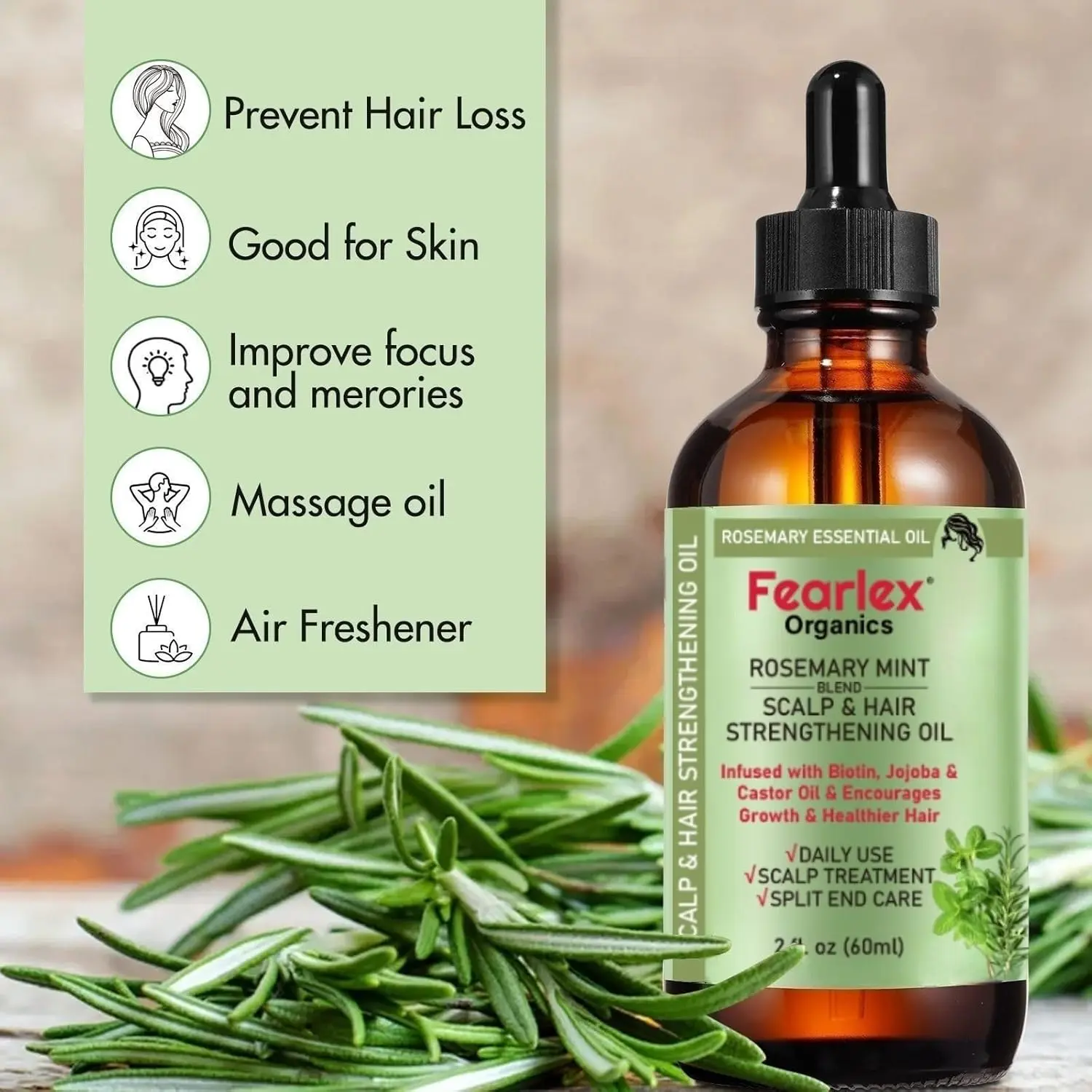 Fearlex rosemary mint hair oil infused with biotin promotes healthy hair growth, strengthens hair, and nourishes the scalp with natural organic ingredients.