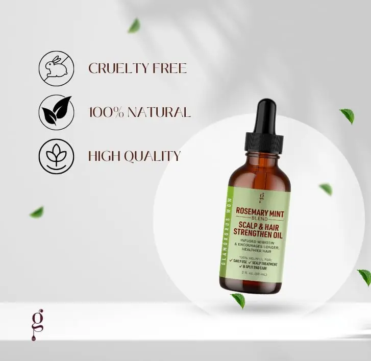 Nourishing rosemary mint hair oil infused with biotin to strengthen hair, soothe dry scalp, and smooth split ends for healthy, radiant hair.