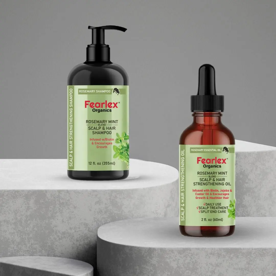 Fearlex rosemary mint hair oil infused with biotin promotes healthy hair growth, strengthens hair, and nourishes the scalp with natural organic ingredients.
